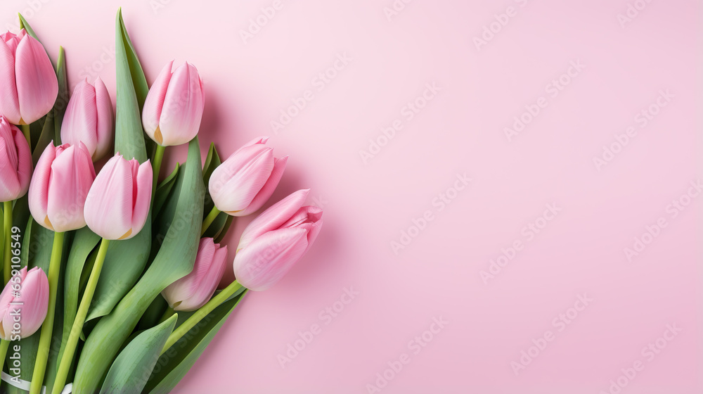 Bouquet of colorful tulip flowers, white wall, space for text, copy space