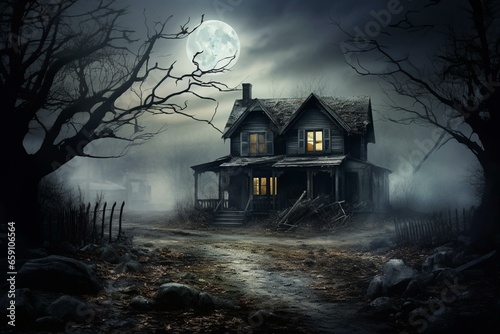 Old countryside home surrounded by eerie trees. Keywords: vintage, country, house, night, creepy, trees, old, eerie. Generative AI