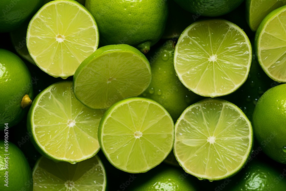 Overhead view of sliced limes. Generative AI