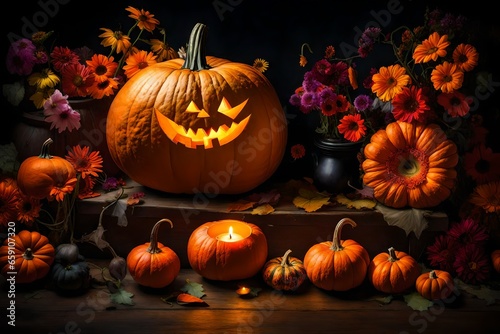 On a spooky Halloween night, a carved pumpkin with a mischievous grin stands illuminated by its own flickering light. The cloudy sky adds an eerie ambiance, and the full moon seems to be cradled