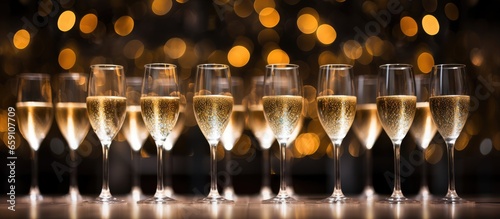 Champagne glasses lined up on bar counter shallow focus