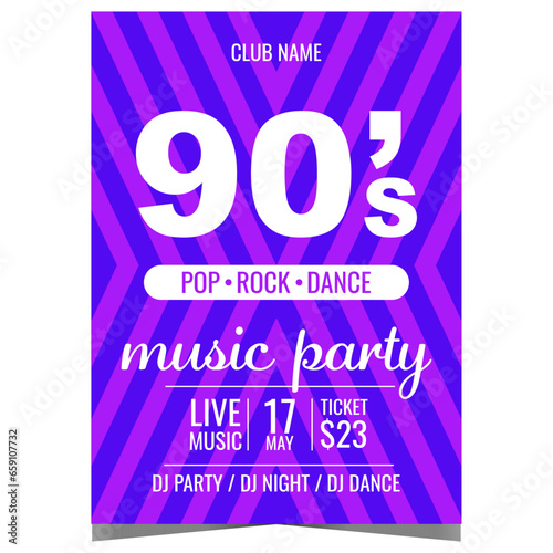 Music party poster for a concert with hits of the 90's. Invitation banner, leaflet or flyer for retro pop, rock and dance musical feast to have fun with friends in a disco dance nightclub.