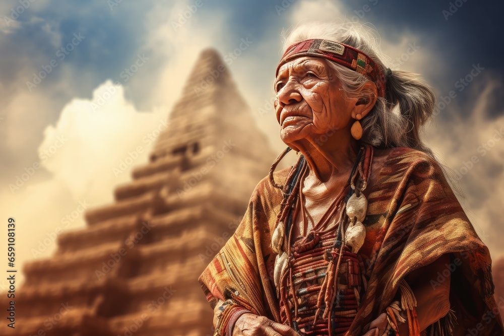 Monumental Aztec old woman pyramid. Tourist sacred. Generate AI