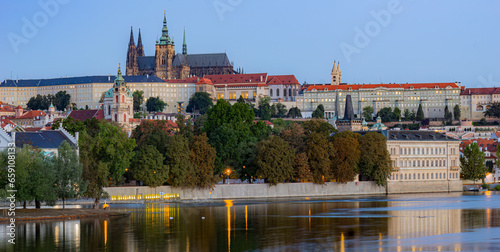 Panoramic view from the Vltava River to the historic Prague Castle in the morning sun. Prague Czech Republic.