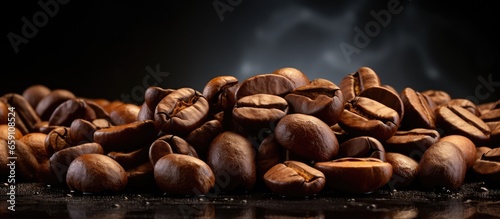 Closeup of dark background with brown roasted coffee beans