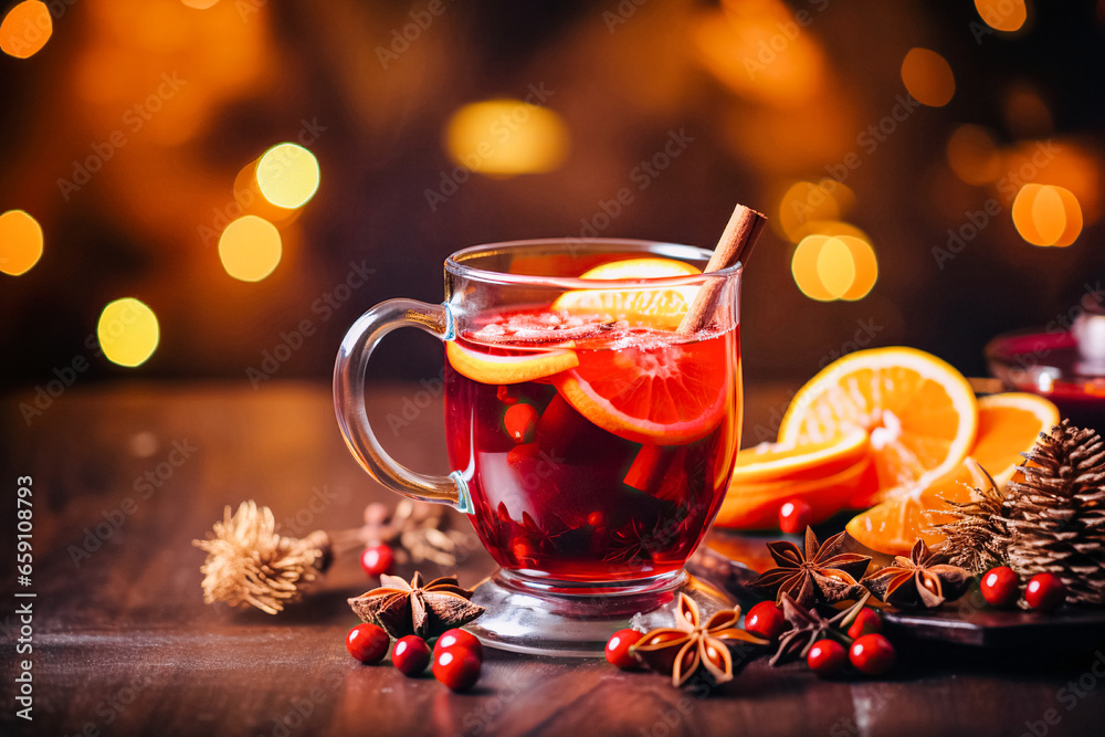 Traditional winter warming Christmas drink mulled wine with orange slices and spices dark background. Festive background