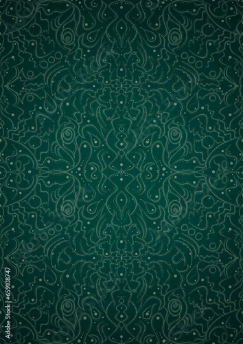 Hand-drawn unique abstract symmetrical seamless ornament. Bright green on a deep cold green with vignette of a darker background color. Paper texture. Digital artwork, A4. (pattern: p07-2d)