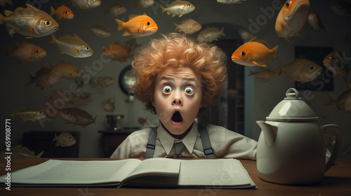 A surprised boy is reading a book, with numerous orange fish swimming around him.