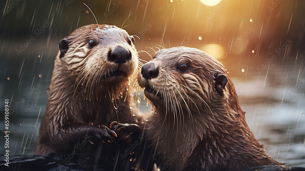Two otters are playing in the rain, interacting closely with each other.