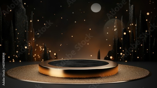 3d Black Luxury Blank Podium Product with Gold Glitter in Dark Background