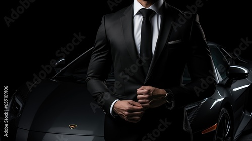Man Wearing Suit in Front of Black Luxury Super Car Isolated Dark Background photo