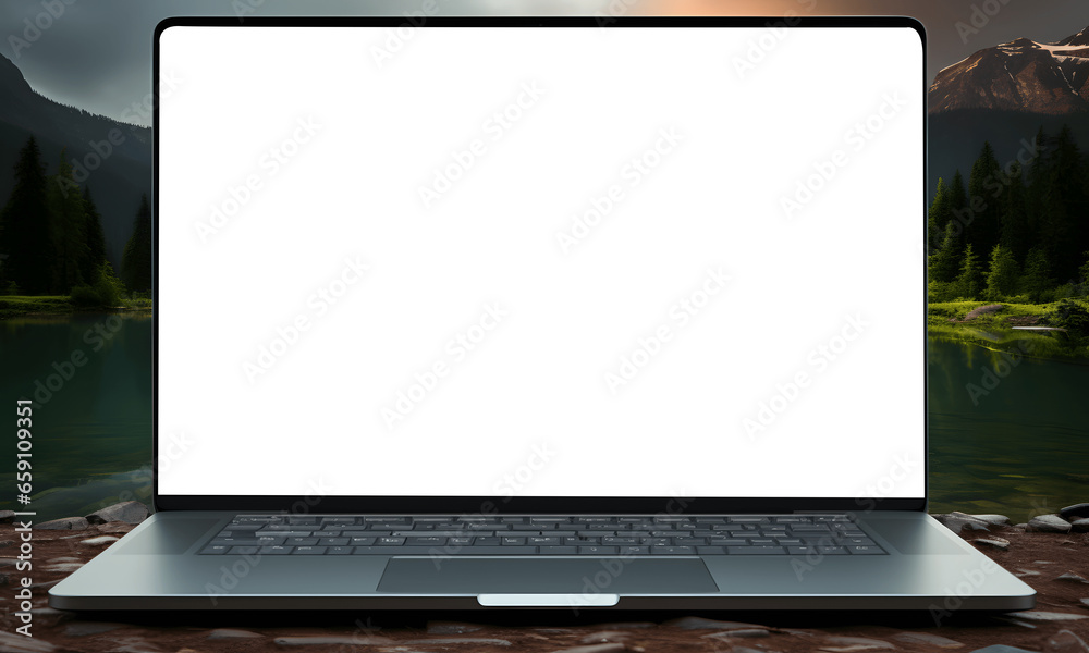 Modern workspace technology opens the laptop Desktop screen simulates a blank screen. and keyboard, a modern desk setup for your home office or business digital workstation. mountain background Modern workspace technology opens the laptop Desktop screen simulates a blank screen. and keyboard, a modern desk setup for your home office or business digital workstation. mountain background