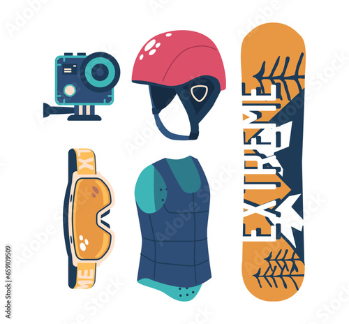 Snowboarder Equipment And Gear. Essential Items For Shredding The Slopes. Board, Action Camera, Singlet, Protective Gear