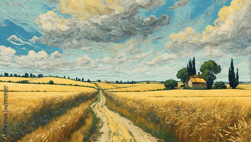 a landscape in the style of Van Gogh, a country road through a grain field