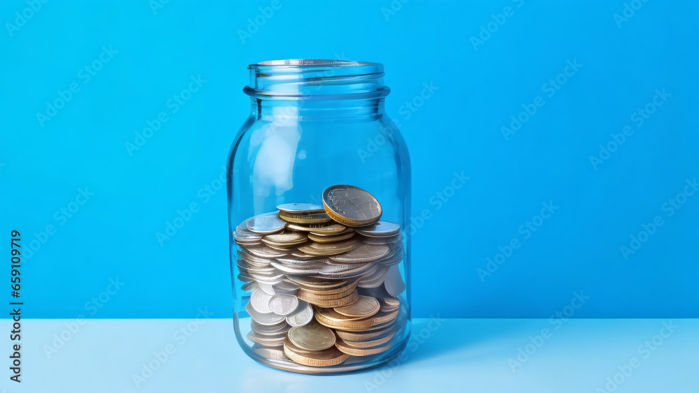 Coins in glass jar on blue background, Saving money concept Coins in glass jar on blue background, Saving money concept
