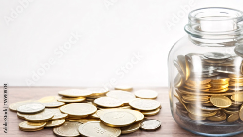 Coins in a glass jar on a wooden table, Saving money concept