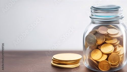 gold coins in glass jar on wooden table with copy space, Saving money concept