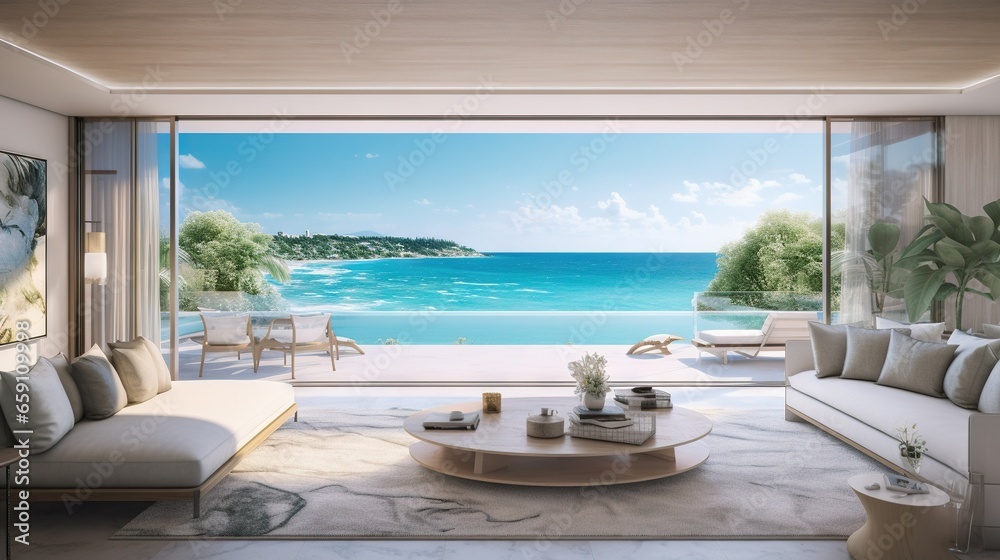Fototapeta premium a living room filled with furniture and a view of the ocean. generative ai