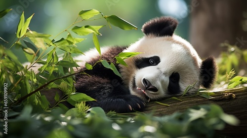  a panda bear laying on top of a lush green forest. generative ai