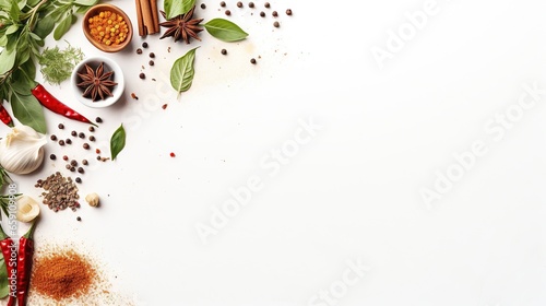  spices and herbs on a white background with space for text. generative ai