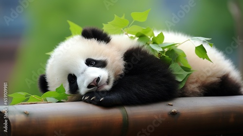  a panda bear laying on top of a bamboo pole with green leaves.  generative ai