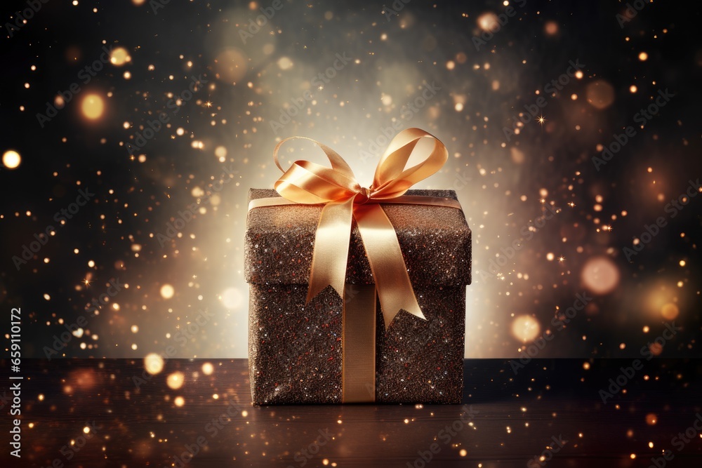 Gift box with golden ribbon on dark background with bokeh effect. Created with Generative AI tools Gift box with golden ribbon on dark background with bokeh effect. Created with Generative AI tools