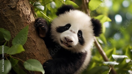  a panda bear is climbing up a tree and looking at the camera.  generative ai © Olga