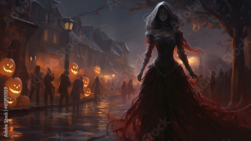 People walking around at night to get spooky halloween pictures, in the style of eve ventrue, classical, historical genre scenes, atey ghailan, comical choreography, fairycore, tiago hoisel. photo