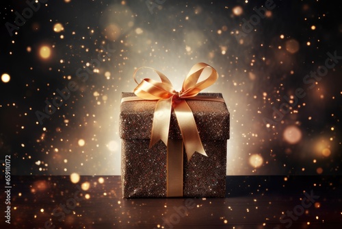 Gift box with golden ribbon on dark background with bokeh effect. Created with Generative AI tools