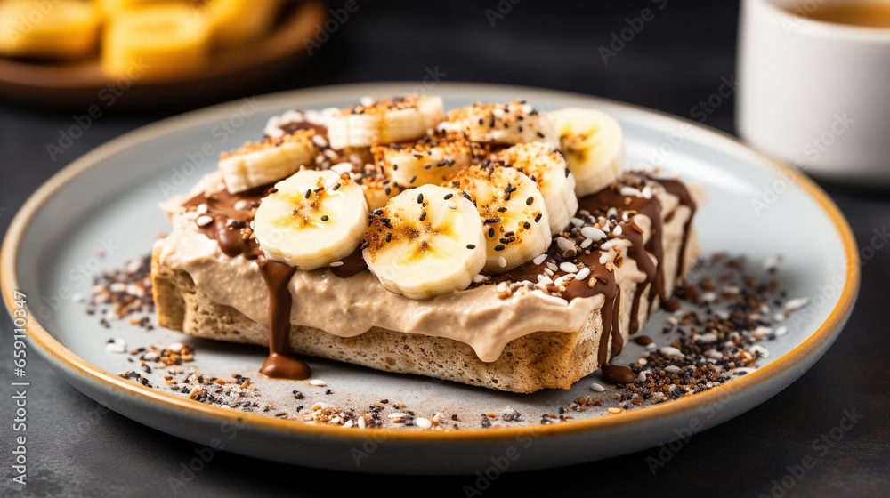  a piece of toast with bananas and chocolate drizzled on top.  generative ai