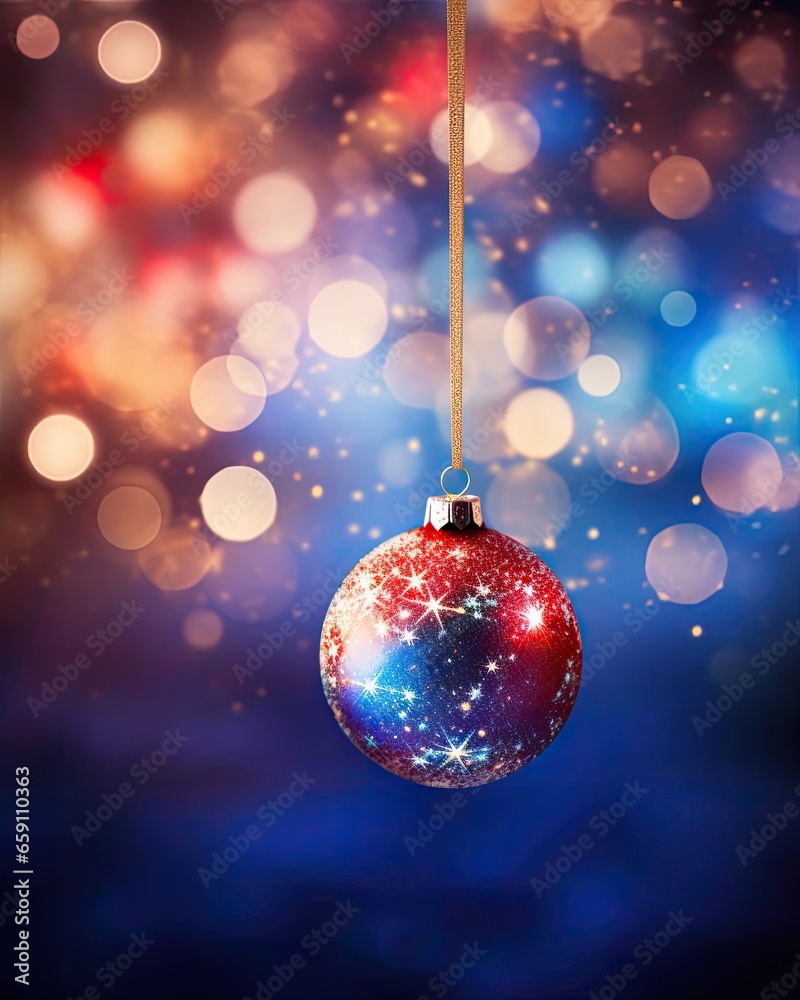 Fototapeta premium Christmas ball on abstract bokeh background. Christmas and New Year concept. Created with Generative AI tools