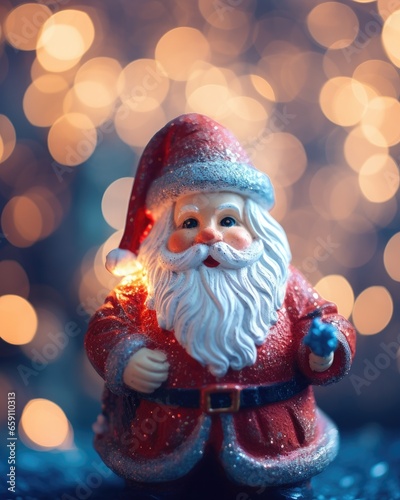 Santa Claus toy on bokeh background. Christmas and New Year concept. Created with Generative AI tools