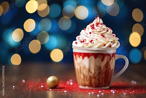 Hot chocolate with whipped cream and Christmas decoration on bokeh background. Created with Generative AI tools