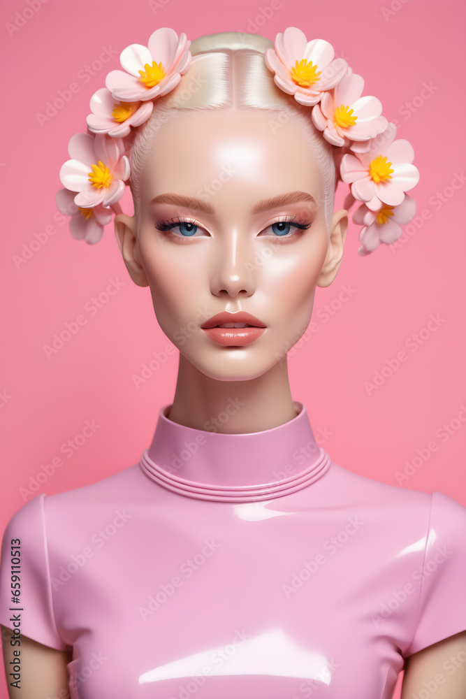Trendy AI-Generated Fashion Editorial Photoshoot with Plastic Doll-Like Model in Latex Dress