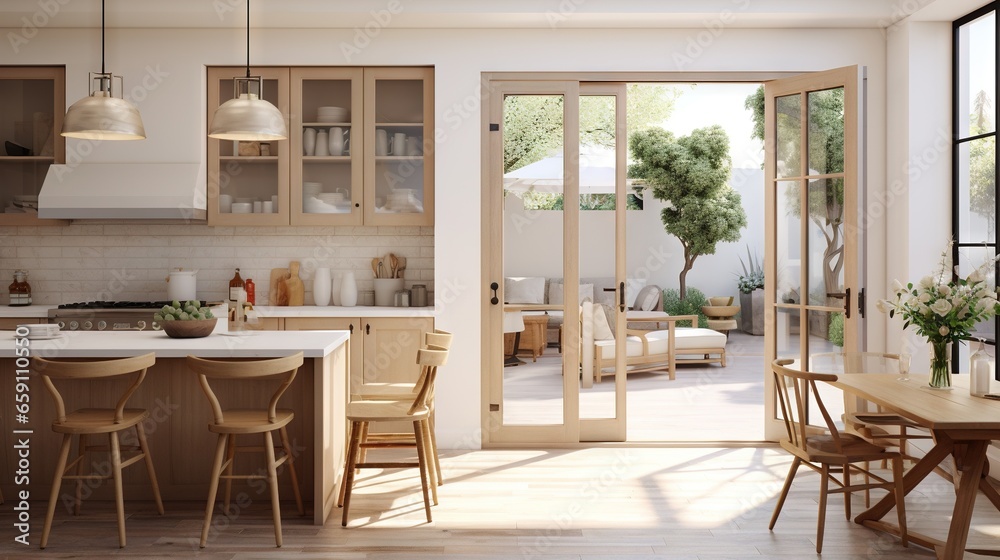 Fototapeta premium a kitchen with a table and chairs next to a sliding glass door. generative ai
