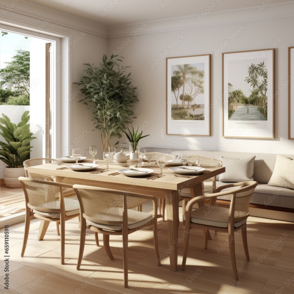 Fototapeta premium beautiful cosy natural contemporary interior dining room area with bright and clean design element earth tone material color scheme decorating house beauty background