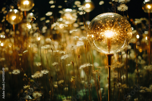 The concept of a bright lamp entirely decorated with many colored lights in meadow.