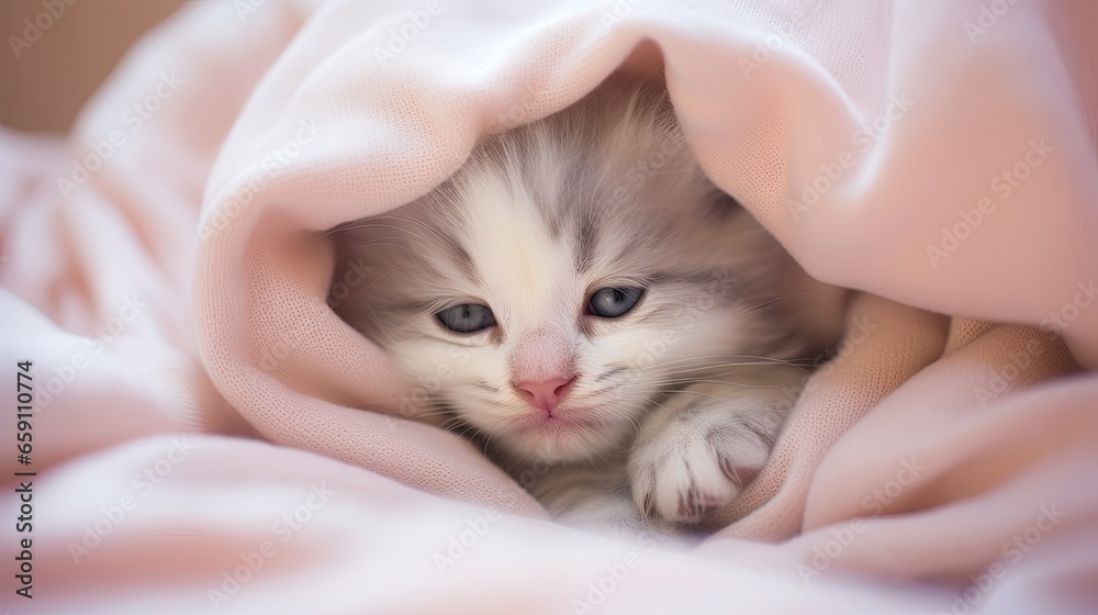 a small kitten is peeking out from under a pink blanket. generative ai a small kitten is peeking out from under a pink blanket. generative ai