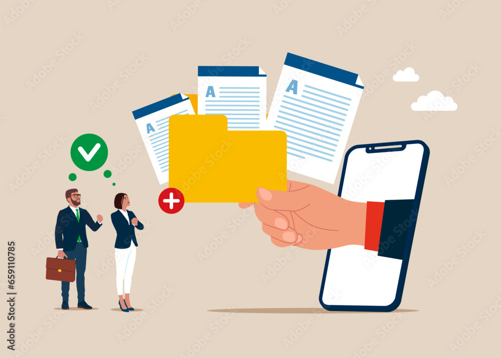 Business people with files to big folder. Storage and indexing of information. Flat vector illustration Business people with files to big folder. Storage and indexing of information. Flat vector illustration