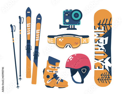 Snowboarder Essentials, Top-notch Gear Set. Sturdy Board, Sleek Bindings, Skis, Action Camera, Helmet and Goggles