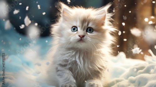  a white kitten sitting on top of a pile of snow. generative ai