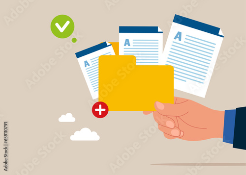 Hand holding files to big folder. Database, searching info. Flat vector illustration