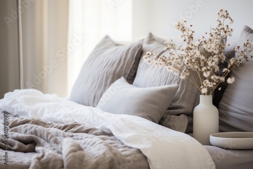 close up bedroom Interior of a contemporary white soft pillow bedmaid arrange in suites bedroom house interior background