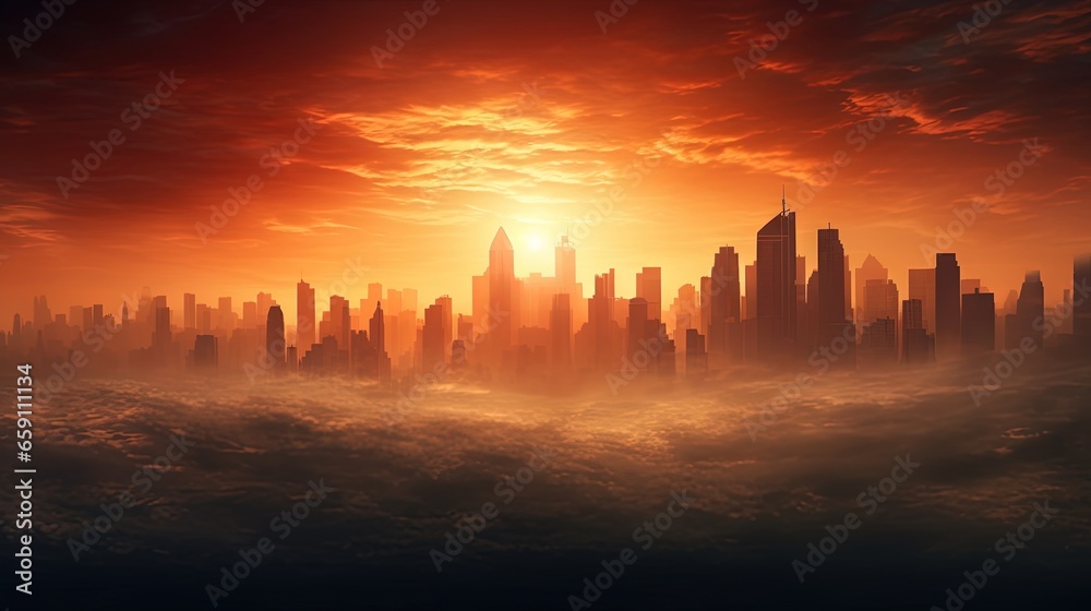  a city skyline is shown in the middle of a sunset.  generative ai