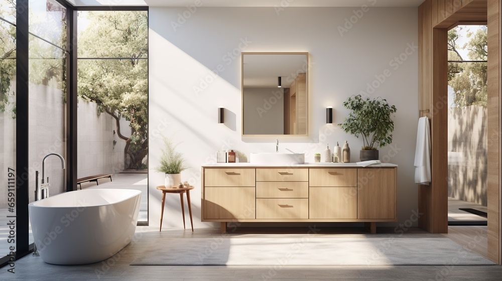 a bathroom with a tub, sink, mirror and a large window. generative ai a bathroom with a tub, sink, mirror and a large window. generative ai