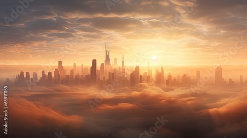  a picture of a city in the sky with clouds in the foreground. generative ai