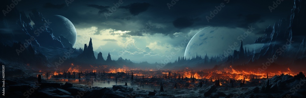 Bright landscape of nature after the explosion, illustration of nuclear winter. Ecology of the planet and beautiful background banner. Free space for copy space