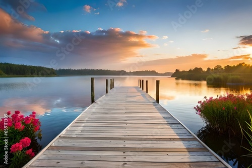 a brown wooden dock emerges in front of the calm body of water - AI Generative