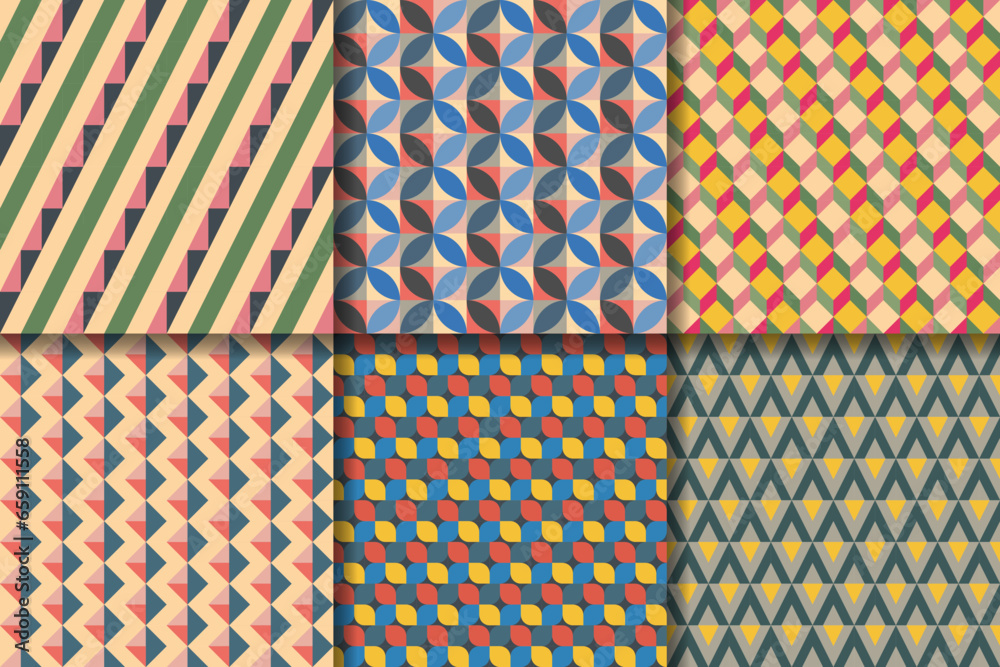 Retro colorful abstract geometric vector seamless patterns set. Colorful funky repeating patterns in 60s style. Perfect for wallpapers, backgrounds, textile, fabric.