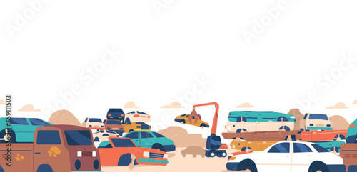 Seamless Pattern Featuring Broken Dump Cars, Creating An Industrial And Edgy Design. Vector Wallpaper, Horizontal Border